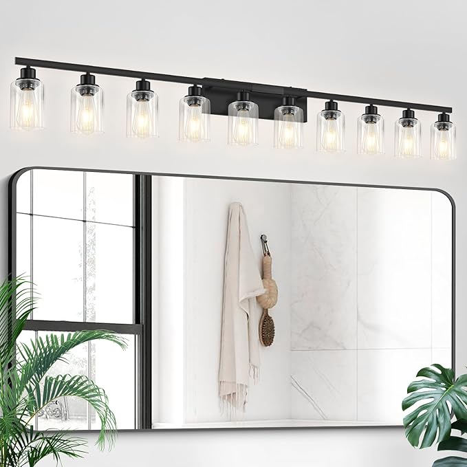 10 Light Bathroom Vanity Lights Over Mirror, 65.4inch Black Vanity Lights Fixtures Matte Black Modern Vanity Lights Black Bathroom Wall Lighting for Mirror Bedroom,Living Room