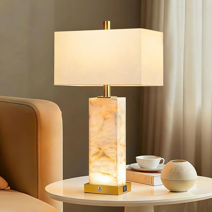 25.6" Alabaster Lamp, Marble Lamp Nightstand Lamps Set of 2, Modern Table Lamp with USB Ports, 3-Color Temperatures Bedside Lamps with Nightlight, Table Lamps for Living Room Bedroom, Bulbs Included
