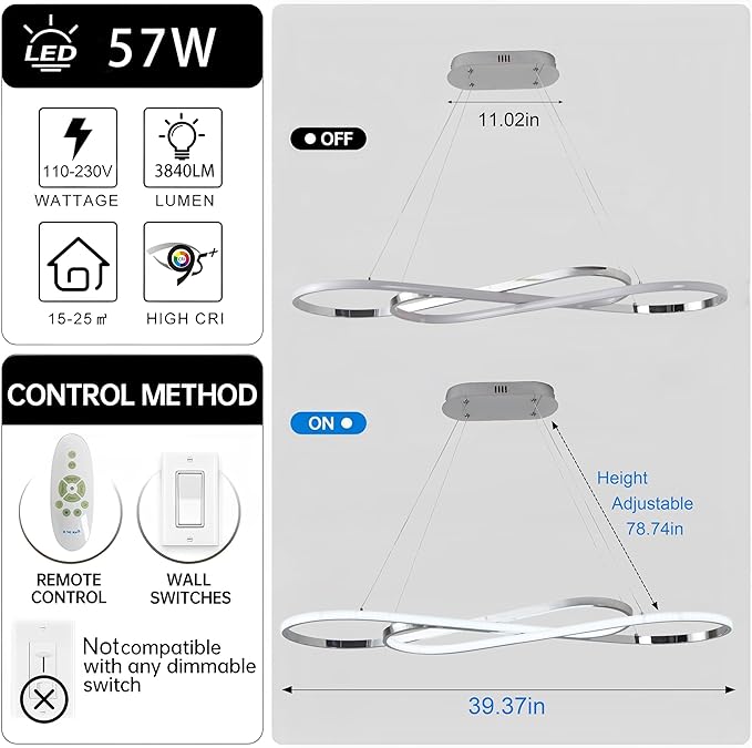 Modern Pendant Light Dimmable Modern for Dining Room Chandelier Light Fixture Over Table with Remote,Minimalist Kitchen Island Lighting
