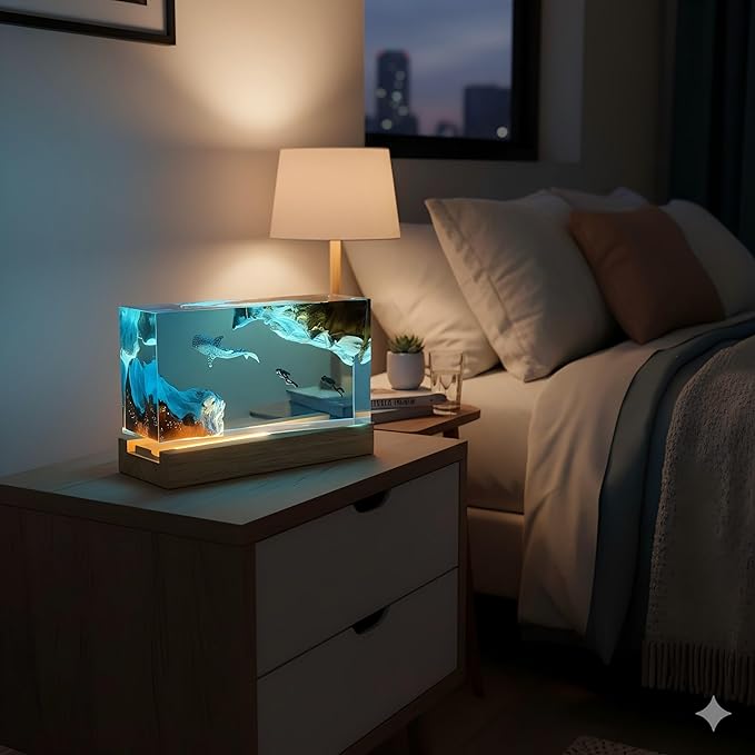 Handmade Ocean Resin Night Light 7-Color LED Lamp with Remote, Epoxy Resin Wood Lamp for Bedroom Decor & Desk, Romantic Valentine’s Day Gift for Her, Men's Office Decor (Whale, Large)