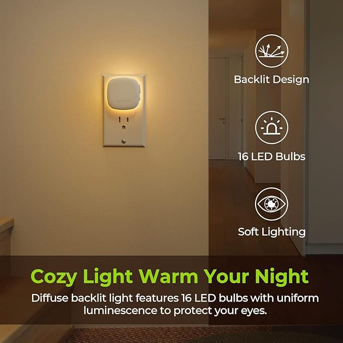 AUVON Plug-in LED Backlit Night Light with Motion Sensor & Dusk to Dawn Sensor, Dimmable Warm White Nightlight with 1-50 lm Adjustable Brightness for Bedroom, Bathroom, Stairs, Hallway (4 Pack)