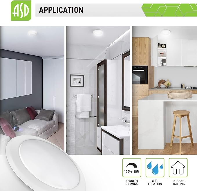 ASD 6 Inch LED Flush Mount Ceiling Light, Wet Rated Dimmable LED Disk Light, Ultra Bright 1200 LM, CRI90, J-Box or Recessed Can, White, 15W (130W Eqv.) 3000K, Energy Star, ETL