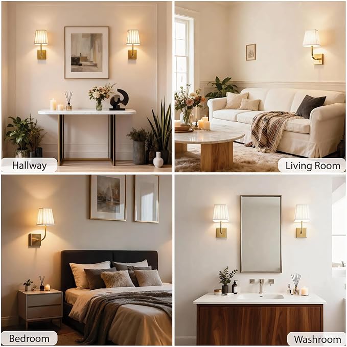 Battery Operated Wall Sconce Set of 2, Dimmable Wireless Gold Wall Lamp with 5200mAh Battery, Rechargeable Wall Light Fixtures with Switch and Remote for Living Room Bedroom Hallway Bathroom