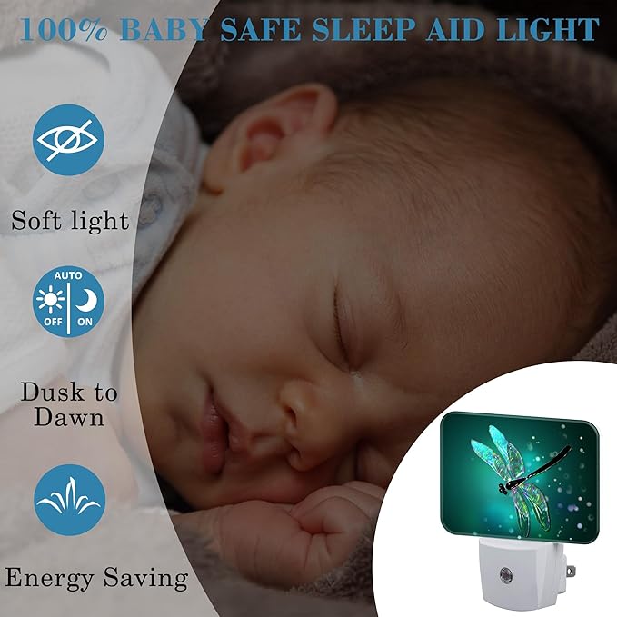 Glass Dragonfly Plug in Night Lights, Green Background Nightlight Plug Into Wall Dusk to Dawn Sensor for Kid Girls Boys Women Men Bedroom, Hallway, Kitchen, Bathroom, Stairs Decor