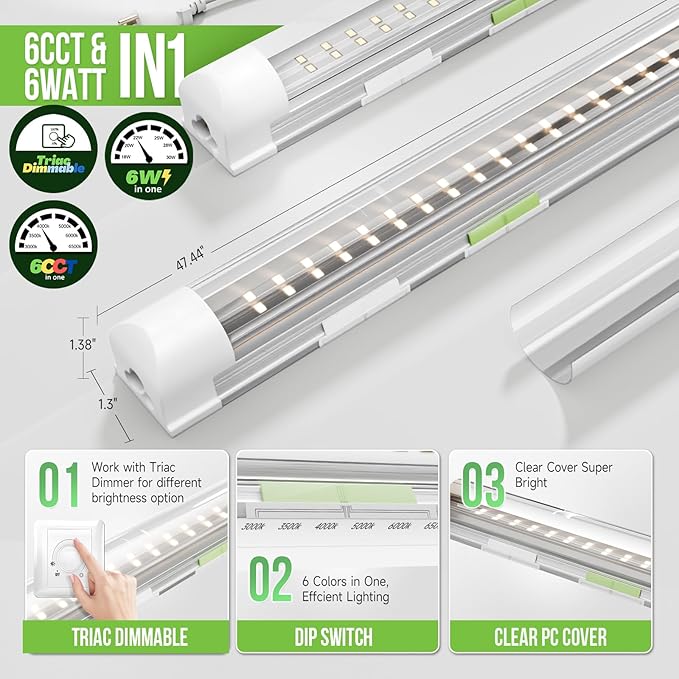 6 Pack Dimmable 4FT Led Shop Lights,30W 3900LM 3000-6500K Tunable,T8 Led Commercial Bay Light,High Output,Plug and Play,V-Shape Linkable Lights for Warehouse,Basement,Barn