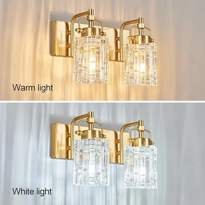 Modern Vanity Light with Crystal Glass Shade - 2-Light Gold Bathroom Light Fixtures Over Mirror