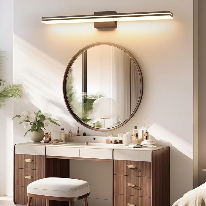 SineRise LED Modern Bathroom Vanity Light Fixtures (48-Inch, 3000K/4000K/6000K, Dimmable), Brown Wood Painted Modern Acrylic Bathroom Wall Lighting Fixtures Over Mirror