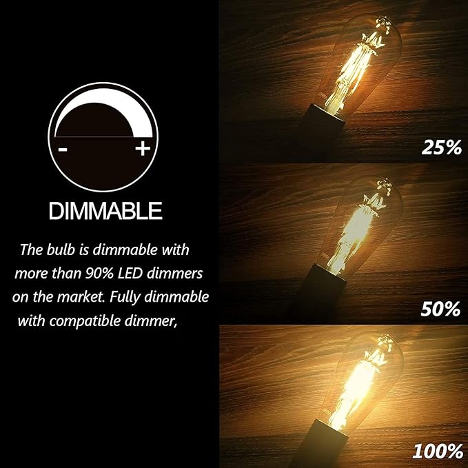 LED Dimmable Edison Light Bulbs 4W, 2200K-2400K Warm White (Amber Glass) ST64, E26 Base Pack of 6