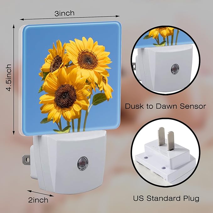 Blooming Sunflowers Night Light Plug into Wall, Summer Blue Sky Sunflower Dusk to Dawn Night Light,0.5w Energy Saving Sleep Friendly Nightlights for Kids Boys Girls Home