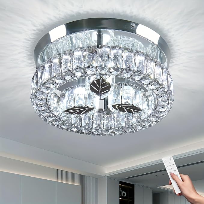 Finktonglan 10.6" LED Crystal Chandelier - Semi-Embedded Ceiling Light with K9 Crystals, Dimmable Light, Stainless Steel, 120V for Living Room, Dining Room, Kitchen, Bedroom, Hallway