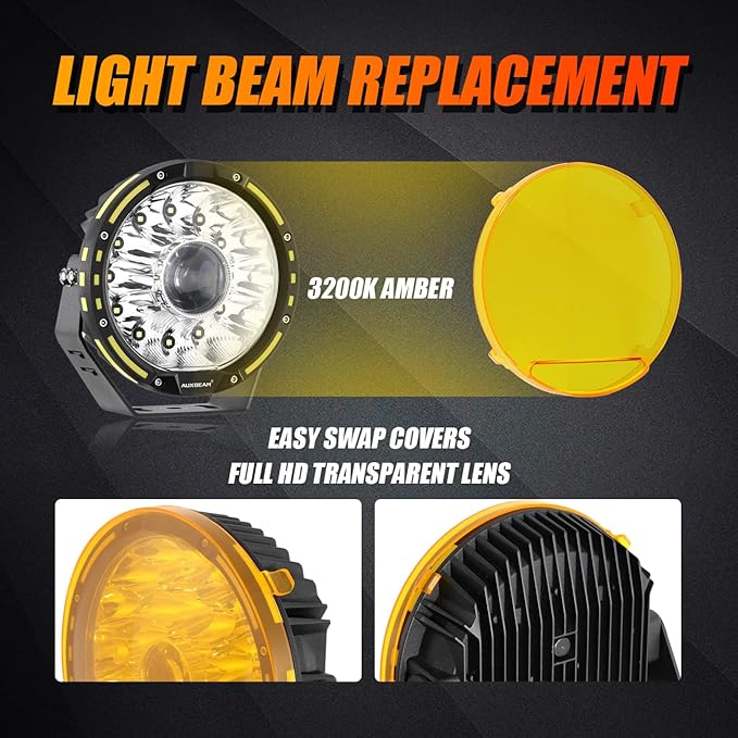 Auxbeam 7 Inch Amber Light Covers, Round Offroad Lens Covers, Amber Fog Filter, Yellow Tint Color Lens, 7" Diameter Lens Cap, Snap-on Design, 2 Packs