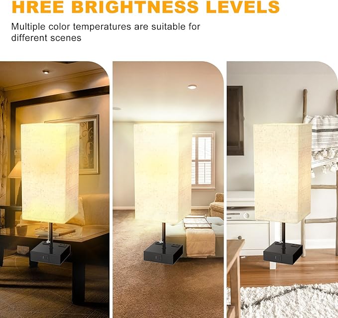 Table Lamp for Bedroom with USB,Bedside Lamp with USB C+A Charging Ports,Adjustable 3color LED Light for Home Decor/Nightstand/Office,Included Bulb and Fabric Lamp Shade (Linen White, 1PCS)
