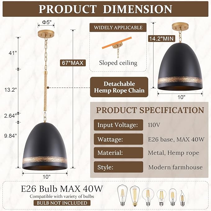 Black Gold Pendant Light 10in Kitchen Island Pendant Light Fixture Farmhouse Metal Ceiling Hanging Light for Kitchen Sink Entry Hallway Dining Room