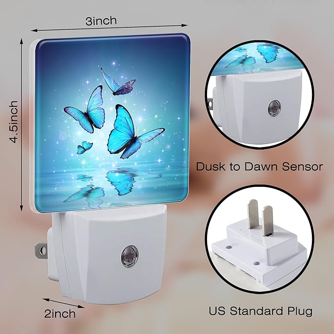 Magic Butterflies on Water Night Light for Kids, Blue Glowing Butterfly Night Light Plug in with Dusk to Dawn Sensor, 0.5w Energy Saving Sleep Friendly Nightlight for Hallway Stairway Kitchen Bedroom