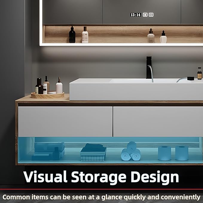 44in Luxury Bathroom Vanity with Sink - Modern Bathroom Vanity Wash Set, Suspended Bathroom Cabinet, Smart Defogging & Led Lighting | Wall-Mounted Storage with 2 Drawers