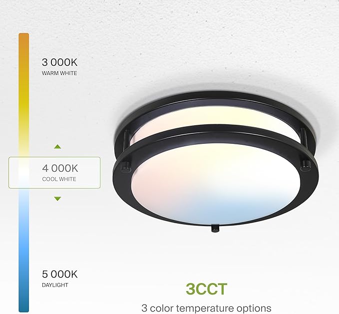 ASD LED 10" Round Flush Mount Lighting, Close to Ceiling Light Fixture | 3CCT, Dimmable, Energy Star, ETL Listed | 16W 1050LM 3000K-5000K 120V | Low Profile Double Ring Lamp | Black