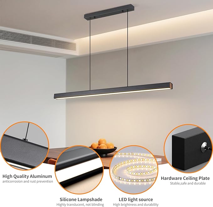Modern LED Linear Pendant Light, 39IN Ceiling Chandlier Light Fixtures Hanging with Remote Control 3000k-6500K Adjustable Color Temperature Island Light for Dining Room, Kitchen