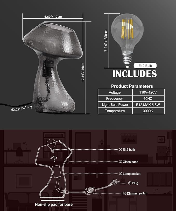 V06 Vintage Mushroom Table Lamp - Dimmable Nightstand Lamps with Clear Glass, Retro Black Bedside Lamp, Aesthetic Small Cute Nightlight for Bedroom, Living Room, Dining, Entryway, Bulb Included
