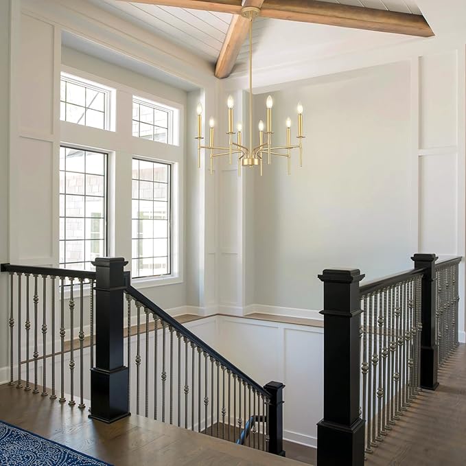 Modern Farmhouse Gold Chandeliers for Dining Room Light Fixture, 8-Light Metal Candle Chandeliers Lighting for Living Room Staircase Foyer Entryway Bedroom