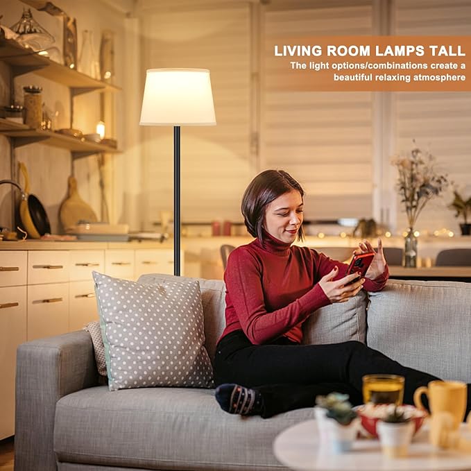 Floor Lamps for Living Room - 3 Color Temperatures Standing Lamp with White Shade, Modern Floor Lamp with LED Bulbs, Black Tall Lamp for Bedroom Office(9W Bulb Included)