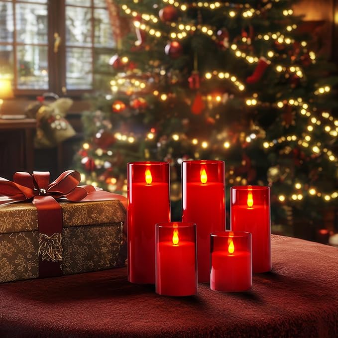 Homemory Christmas Red Flickering Flameless Candles, Battery Operated Acrylic LED Pillar Candles with Remote Control and Timer, Set of 5