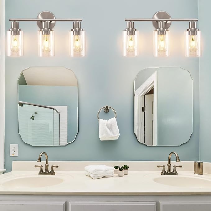 DLLT 3-Light Bathroom Light Fixtures: Nickel Modern Vanity Lights with E26 Bulbs - Clear Glass Shade Bathroom Wall Lamp for Mirror Kitchen Living Room Hallway Cabinet Porch
