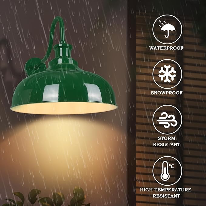 Outdoor Barn Light, 14 Inch Dome Rustic Outdoor Wall Sconce, Farmhouse Exterior Wall Mount Lighting Fixture, Industrial Green Wall Lantern for Porch, Entryway, Garage, RZ007M GR+WH