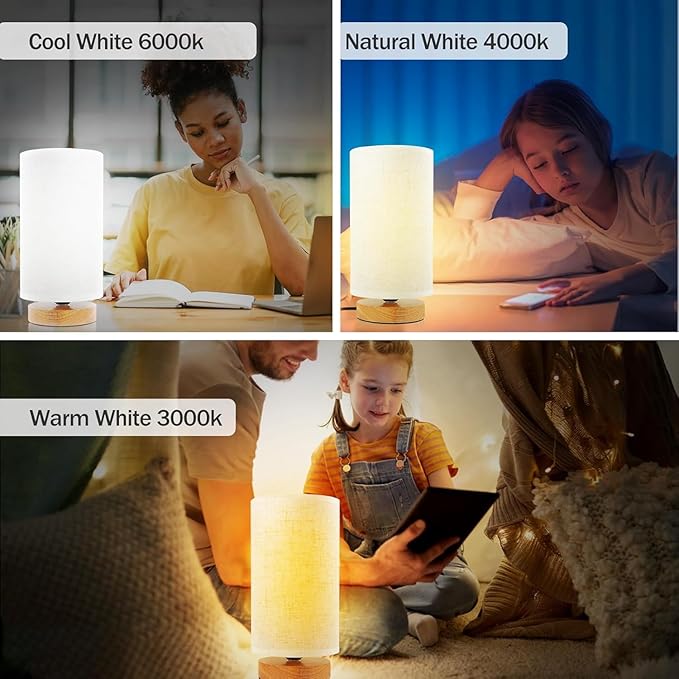 3-Color Adjustable Bedside Table Lamp for Bedroom,Minimalist Wood Base&Round Fabric Shade,Cozy Lighting Nightstand Boho Lamp,Study Reading Desk Night Stand Light for Living Room,Office,kitchen,Nursery