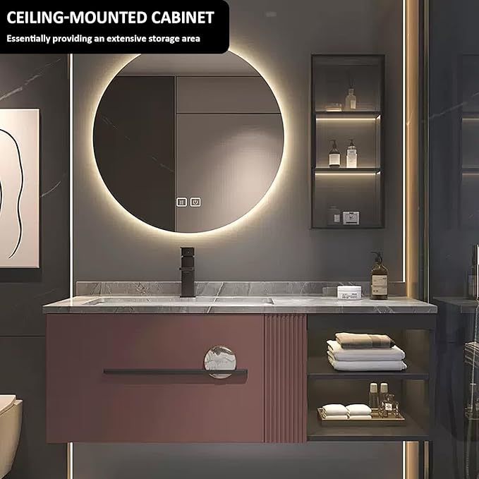 Bathroom Vanity with Sink - Extended Metal Handles & Side Cabinets with Ambient Lighting | Large Storage Space, Floating Wood Bathroom Vanities Sink Set (24'')