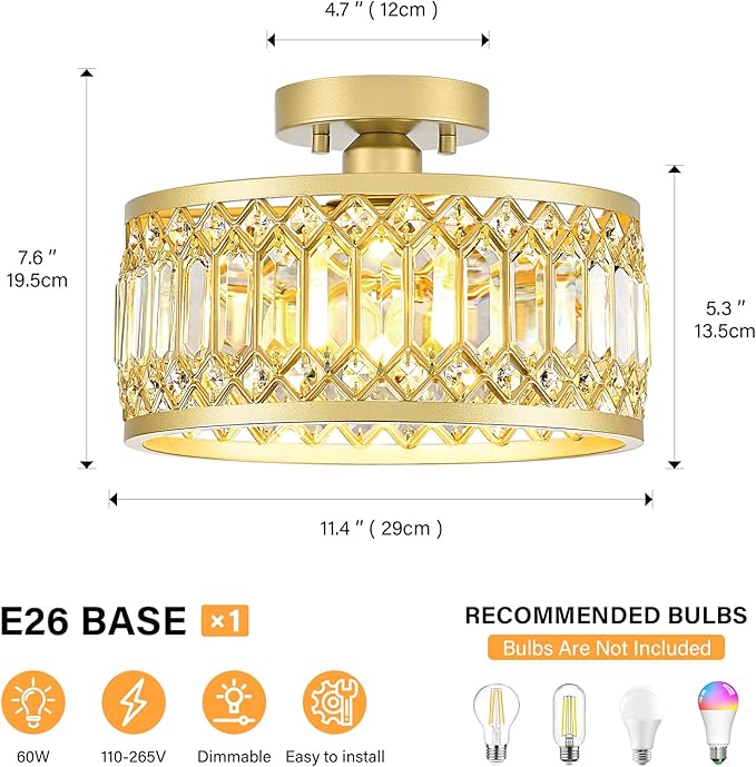 Crystal Ceiling Light Fixture, Modern Semi Flush Mount Ceiling Light, Gold Lighting Fixtures Ceiling Lamp for Hallway, Kitchen, Entryway, Bedroom, Laundry Room, 1-Light, 11.4 Inch
