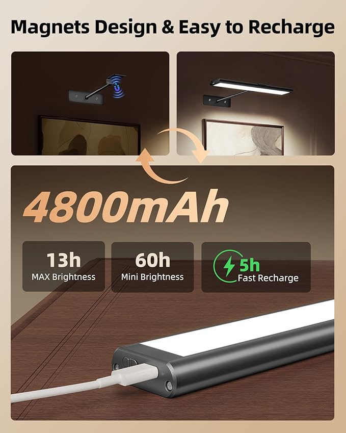 EZVALO Picture Light for Wall, 4800mAh Rechargeable Wireless Remote Battery Lights for Painting, 16In Dimmable Magnetic LED Art Display Light, Colors Temperatures, for Gallery, Living Room,Hallway