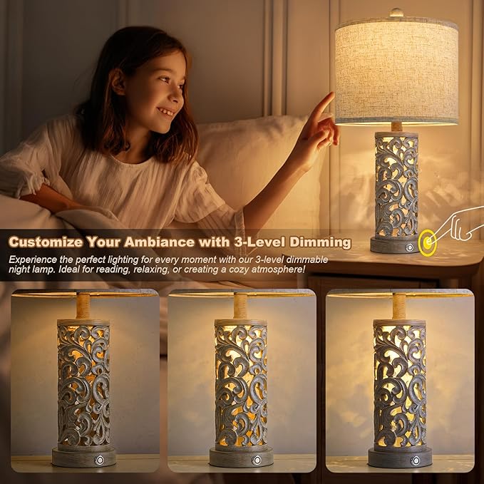 22" Dual Light Table Lamp,Lamps for Bedroom with USB A+C Charging Ports,Touch Lamp with 3-Level Dimming,Farmhouse Lamps for Living Room and Night Stands (Bulb Included)