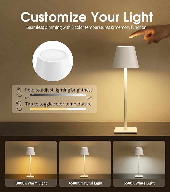 UME Cordless Table Lamp, Battery Operated Lamp - Portable Waterproof Rechargeable Table Lamp w/ 3 Color Temps & Stepless Dimming for Dinner, Desk, Cafe, Outdoor (White)