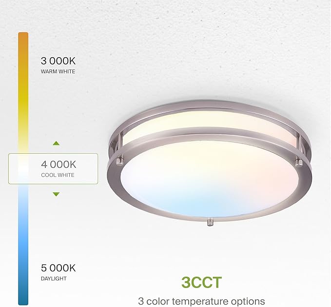 ASD LED 10" Round Flush Mount Lighting, Close to Ceiling Light Fixture | 3CCT, Dimmable, Energy Star, ETL Listed | 16W 1050LM 3000K-5000K 120V | Low Profile Double Ring Lamp | Nickel