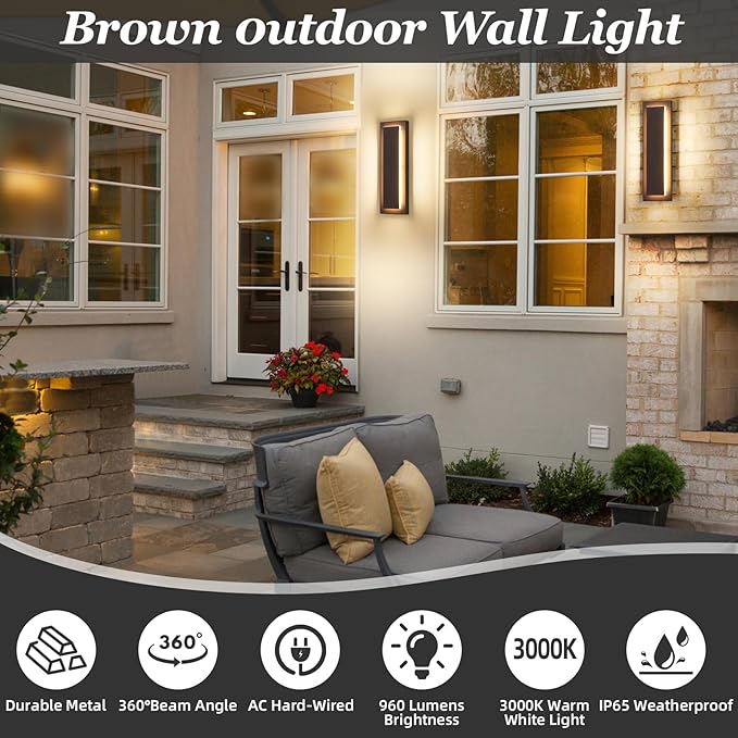 15.7'' Modern Exterior Outdoor Wall Light,Led Porch Front Door Lights Outdoor Wall Sconce,Brown Exterior Light Fixture,Long Brown Outside Sconces Wall Lighting Indoor 3000K 12W 2 PCS