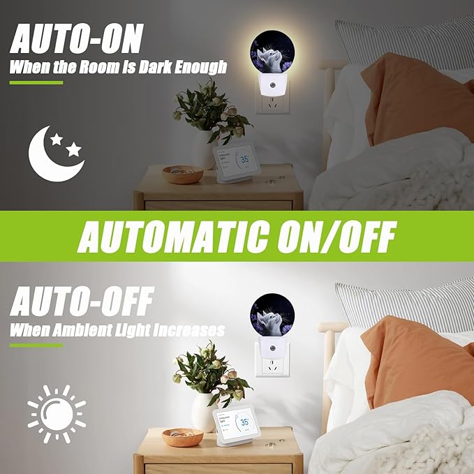 White Cat Night Light,Purple Flowers Plug-in Night Lights with Dusk-to-Dawn Sensor for Bedroom Bathroom and Living Room Sleep Friendly lamp