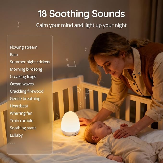 JolyWell Night Light for Kids, Egg Light for Nursery, Sound Machine for Sleep, Stepless Dimming, USB-C Rechargeable, Baby Night Light for Nursery & Bedroom