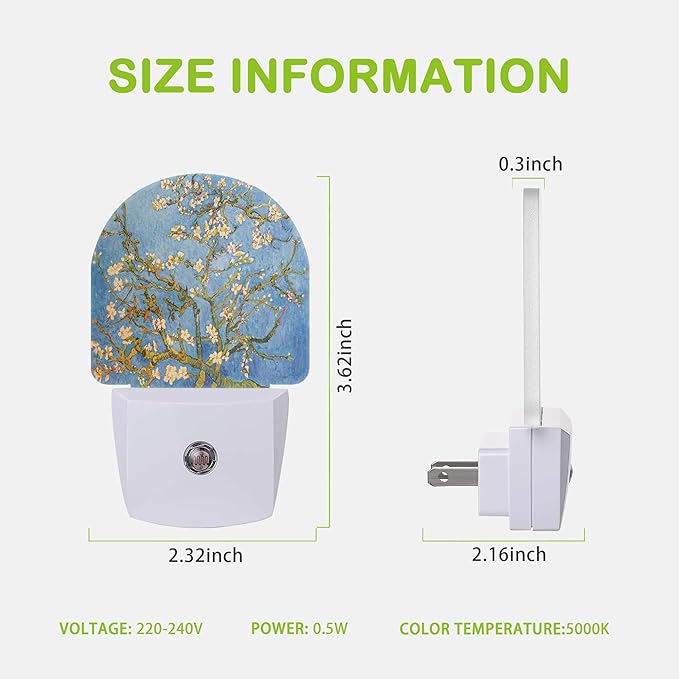 Van Gogh Almond Blossom Night Light, Dusk to Dawn Sensor Night Lights for Bedroom Bathroom Kitchen Hallway Stairs Hallway, Plug into Wall Nightlights