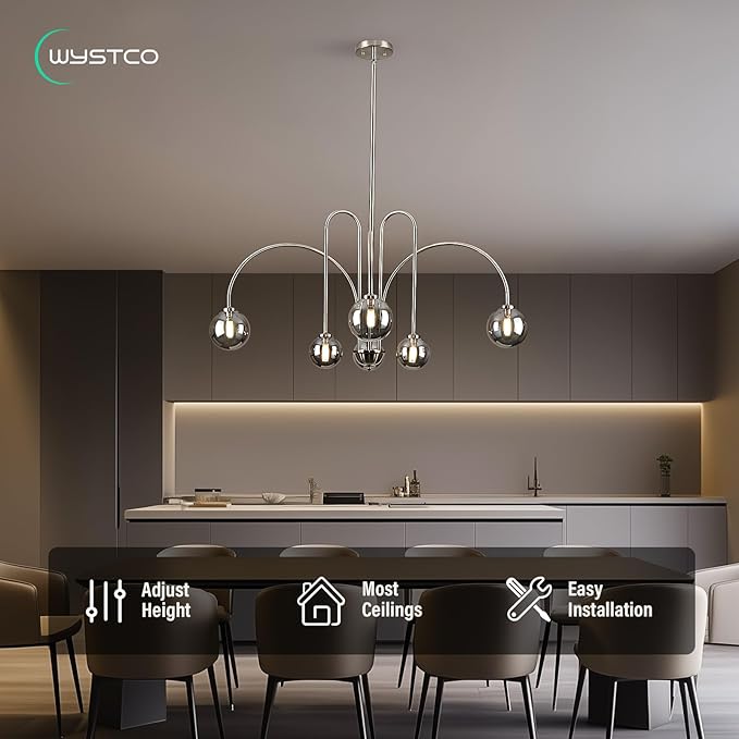 Modern Sputnik Globe Chandelier, 6-Light Nickel Linear Chandeliers for Dining Room and Kitchen Island, Mid Century Light Fixture Over Table, (Smoke Grey Glass Bubble Shades, 40 Inch)