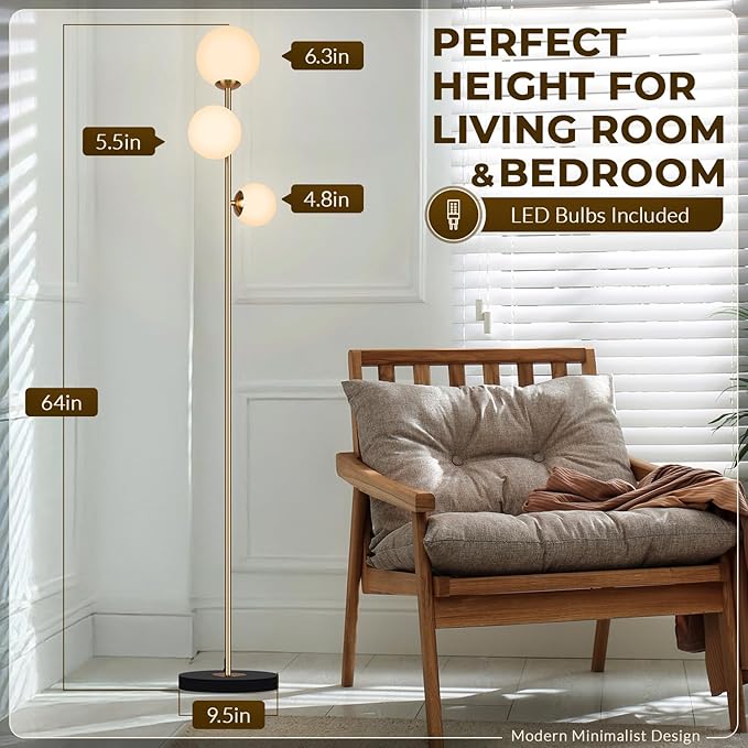 3 Globe Floor Lamps for Living Room, Mid Century Modern Standing Lamp with 3 Color Temperatures, Vintage Retro Tall Light with Frosted Glass Shades and LED Bulbs for Bedroom Office Corner (Gold)