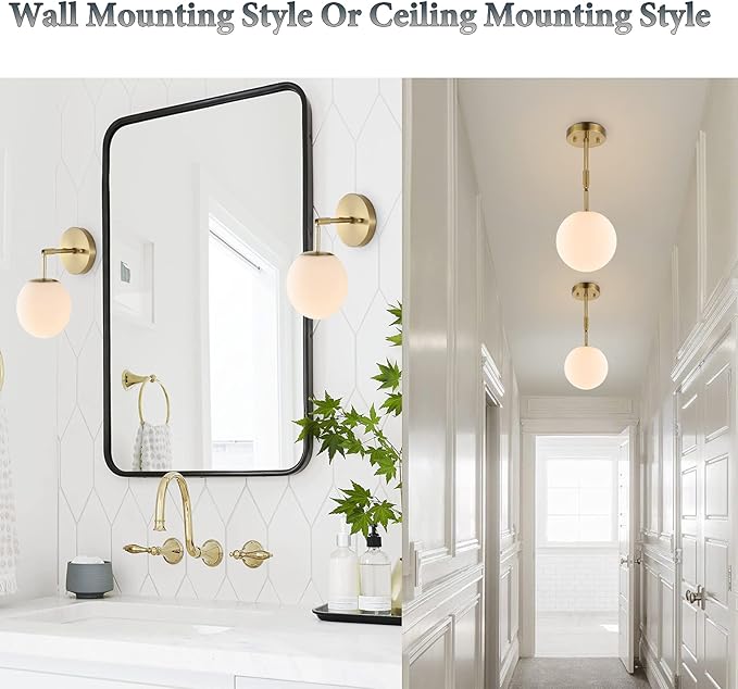 Modern Wall Sconce Industrial Mid Century Bathroom Vanity Wall Light with White Globe Glass Lampshade Brushed Brass Finished Lighting Fixture (Gold Color)