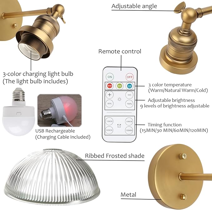 Pathson Battery Operated Wireless Wall Sconce, Rechargeable Modern Wall Vanity Light, Striped Glass Bowl Lampshade, Remote Dimmable Wall Lighting Indoor Led Wall Lamp Fixture for Bedroom Living Room