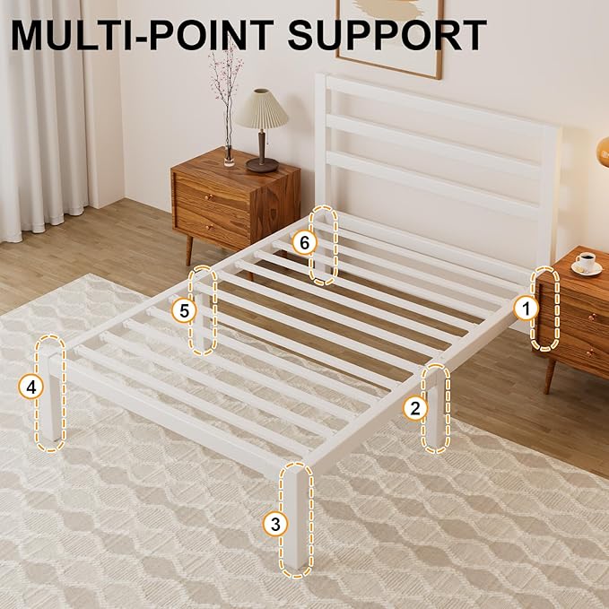 Twin Size Bed Frame, Metal Platform Bed Frame with Headboard, Mattress Foundation with Spacious Underbed Storage, No Box Spring Needed, Easy Assembly, White