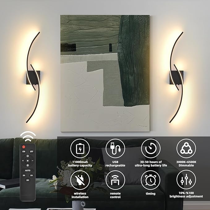 Battery Operated Wall Sconce Set of 2, 3000K-6000K LED Dimmable Battery Wall Sconces with Remote Control, USB Rechargeable 31.4" Black Wireless Wall Lights for Living Room, Bedroom, Staircases