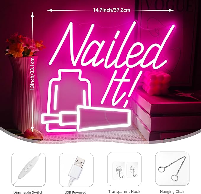 Nailed It! Neon Sign for Wall Decor, Nail Salon Decor for Wall, Nail Room Decor for Beauty Store Nail Salon Nail Bar, Nail Polish Bottle Led Sign with Dimmer, Decoration USB Powered with Switch