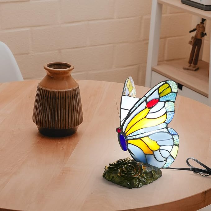 Tiffany Style Butterfly Lamp Handmade Bedside Table Lamp Blue Stained Glass Desk Lamp Colorful Small Night Light Reading Lamp for Living Room Bedroom Farmhouse Hotel Lamp