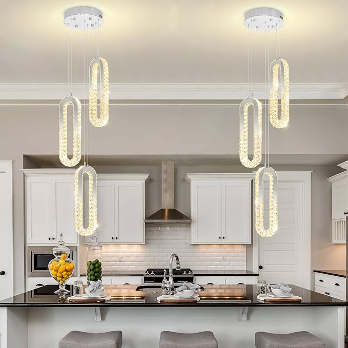 3-Light Modern Pendant Light Crystal Ring Chandelier Silver LED Pendant Lighting Fixture for Dining Room Kitchen Living Room Foyer Hallway Bedroom
