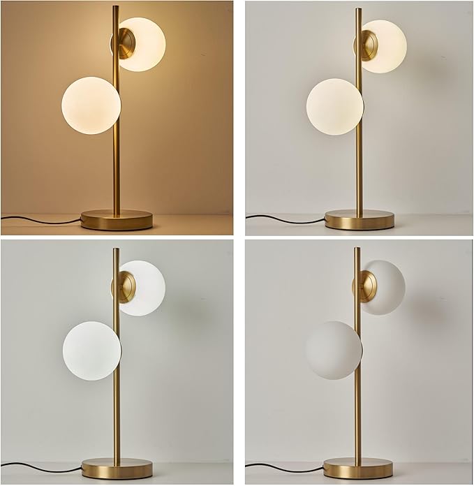 Mid-Century Modern Globe Table Lamp with 2 LED Bulbs - Gold Nightstand Light for Bedroom, Contemporary Decor Lamp for Living Room & Office
