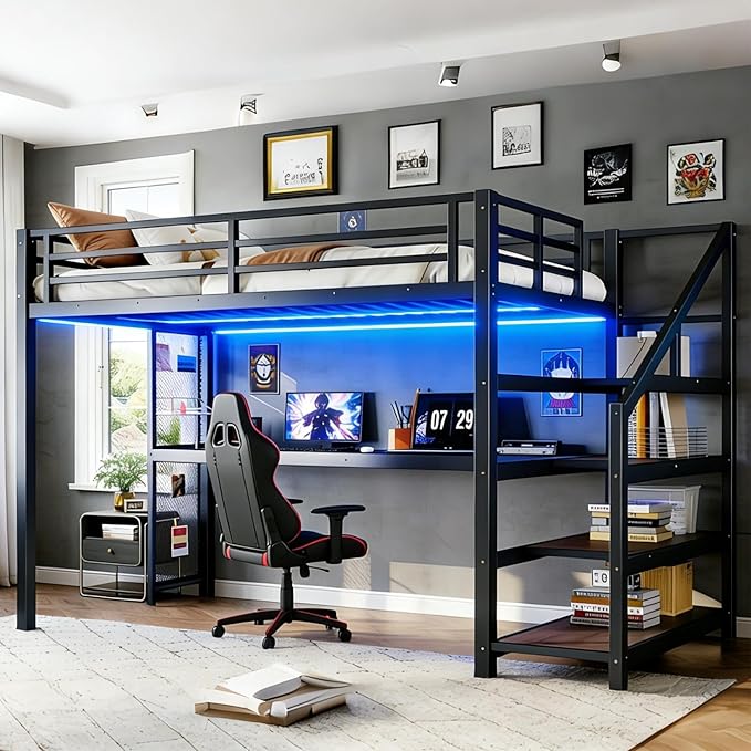 Bellemave Twin XL Loft Bed with Desk & Storage Stairs, Metal Twin XL Loft Bed Frame with Iron Nets, LED Lights & USB Ports, Heavy Duty Adult Loft Beds for Kids, Teens, Adults, Noise-Free, Black
