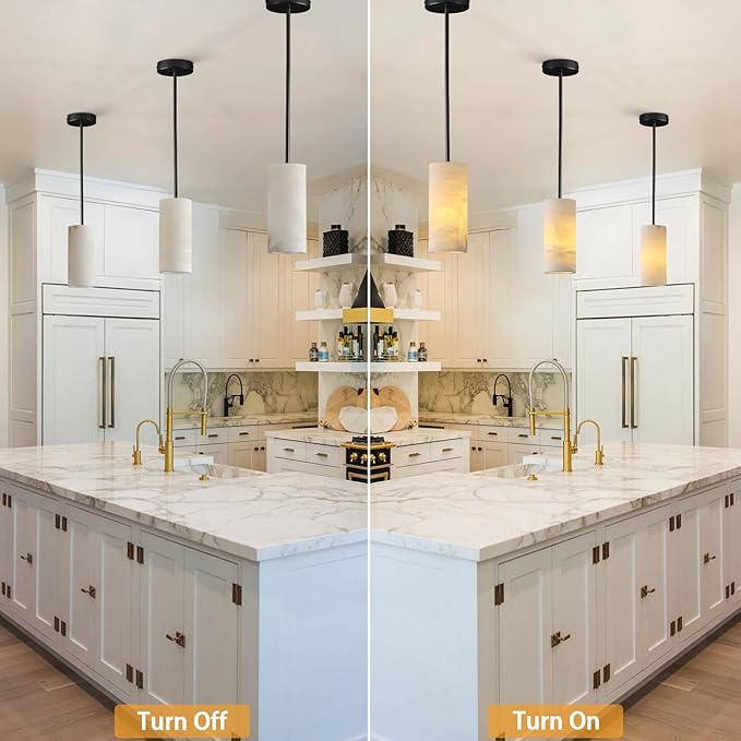 Alabaster Pendant Lights Kitchen Island, Black Hand Carved Alabaster Cylinder Pendent, Spanish Natural Marble Light Pendant for Bedroom Bathroom Dining Room Living Room- 2 PC